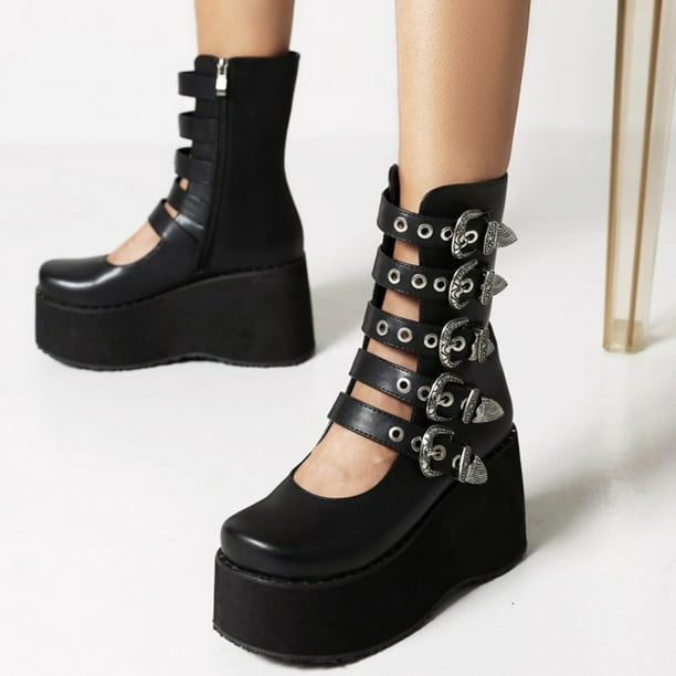 Women's Casual Ankle Platform Goth Punk Retro Boots Ladies Buckle Zip Up Shoes